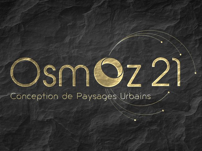 Logo OSMOZ 21, gravé dans une roche anthracite avec de la dorure.