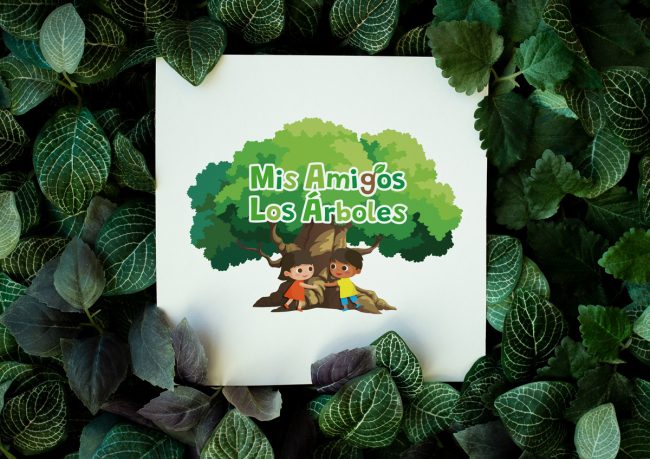 Illustration Mis Amigos Los Árboles, personnages sur fond de feuillage