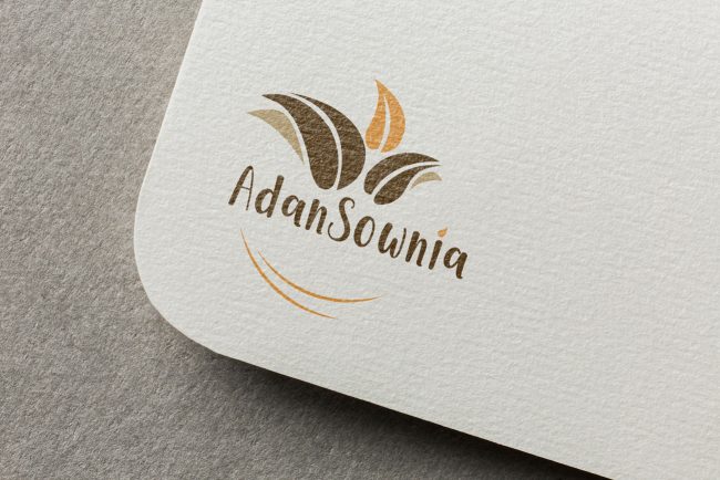 Adansownia : Logo Carte de visite Adansownia, logo feuille orange, marron et beige sur papier texturé