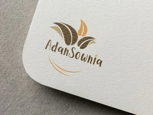 Carte de visite Adansownia, logo feuille orange, marron et beige sur papier texturé