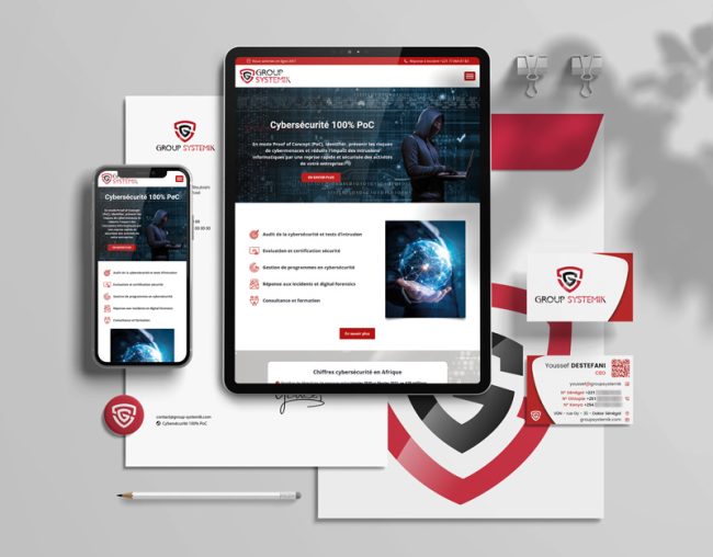 Site web affiché sur smartphone et tablette, logo écusson rouge