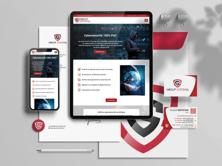 Site web affiché sur smartphone et tablette, logo écusson rouge
