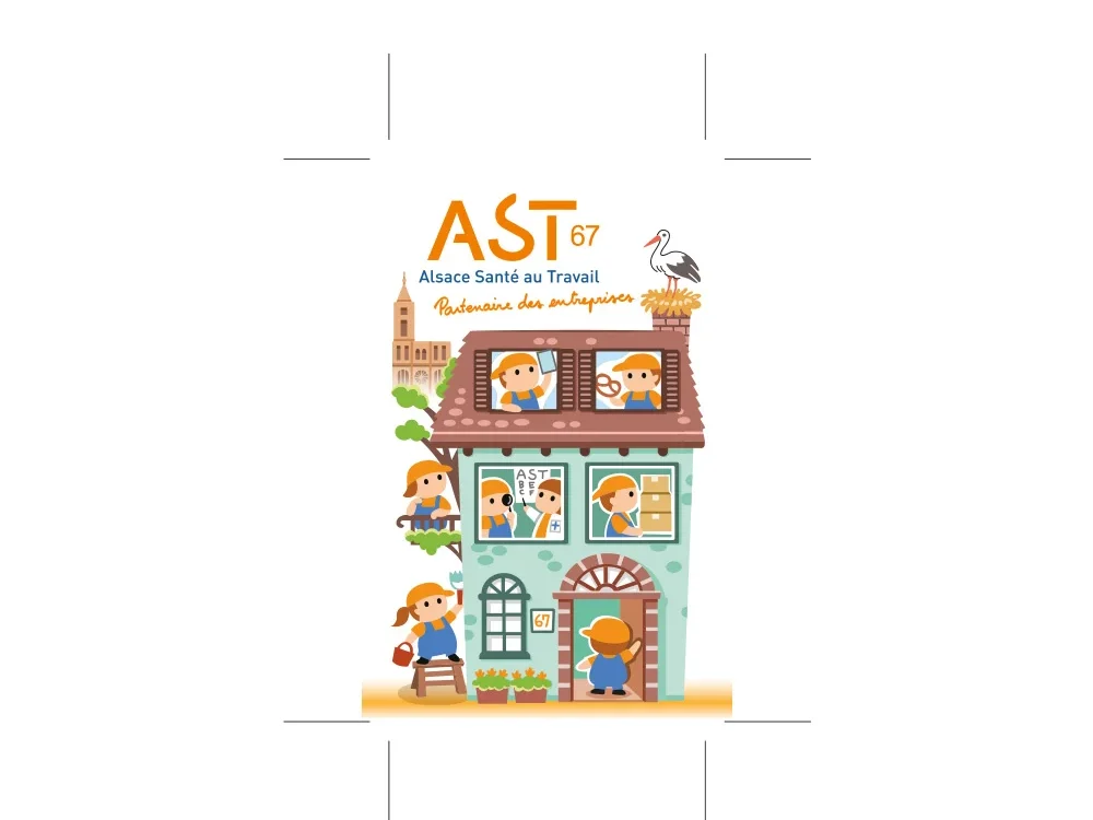 Illustration à plat pour un stylo : une maison alsacienne dont les fenêtres montrent des personnages au travail, une cigogne sur le toit, sous le logo AST67 Alsace Santé au Travail.