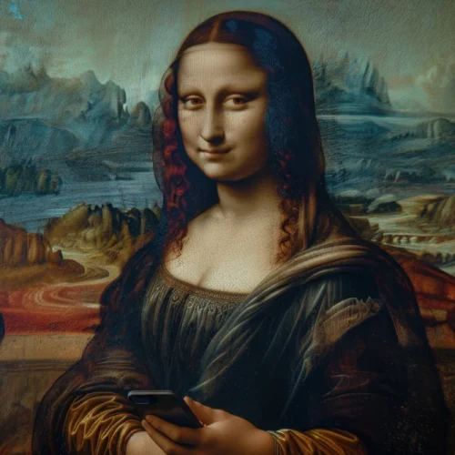 La Joconde, dans la pose et le décor du tableau original, tient un smartphone entre ses mains