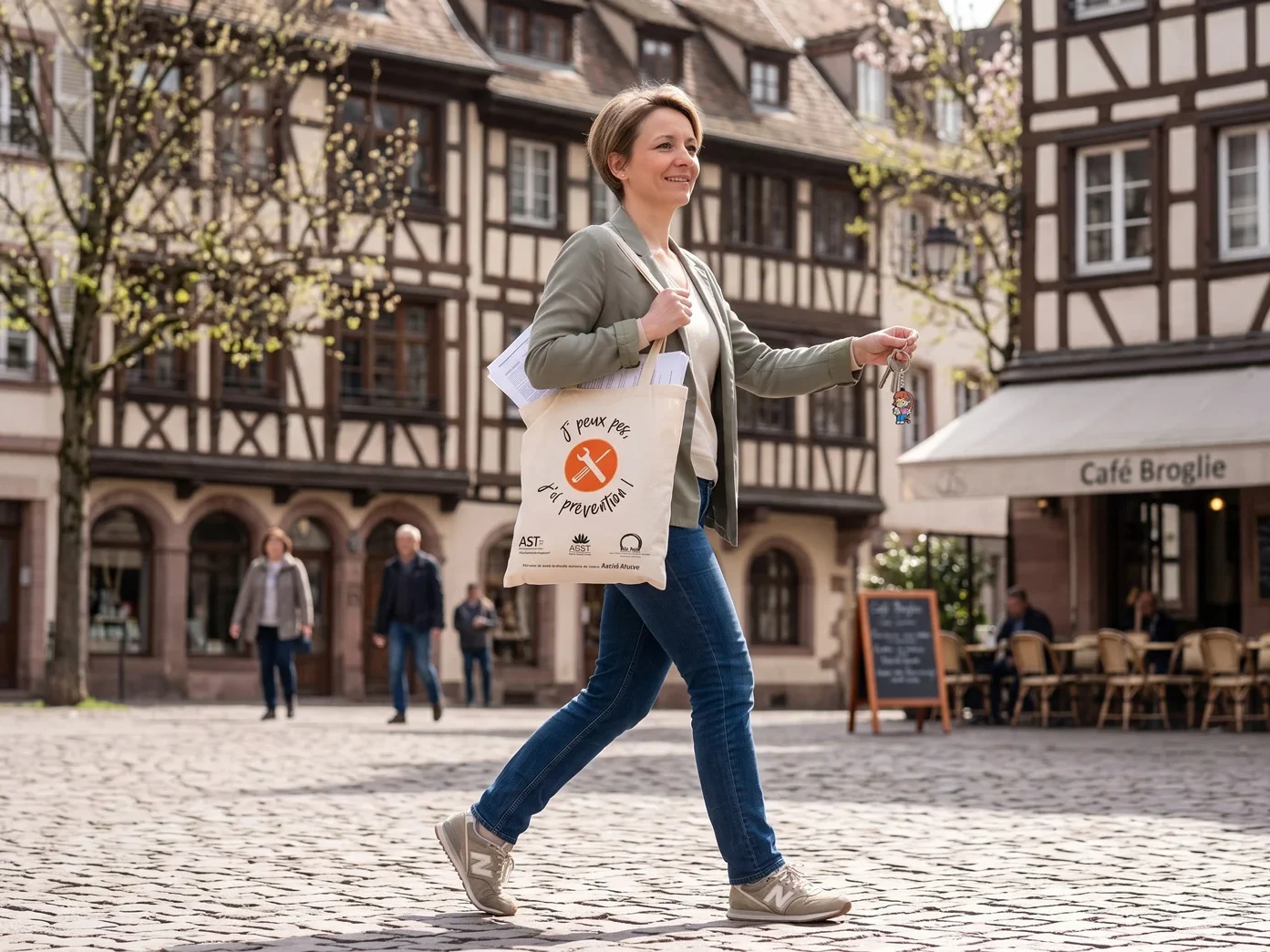 Femme souriante traversant une place pavée bordée de maisons à colombages, un tote bag écru illustré aux couleurs d'AST67 à l'épaule.