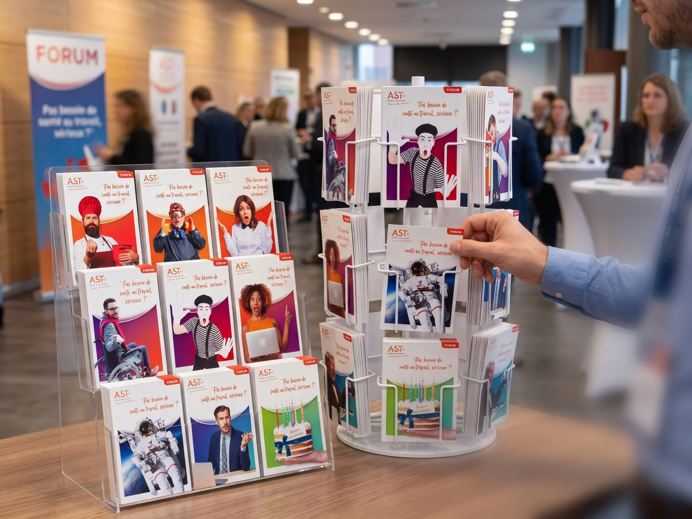 Présentoirs de cartes postales illustrées de portraits colorés sur le stand d'un forum ; une main saisit une carte, des visiteurs passent en arrière-plan.
