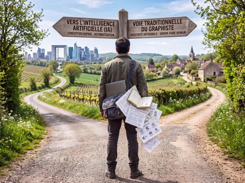 De dos, un graphiste s'arrête à un embranchement de chemin de campagne. Un panneau indique « Vers l'intelligence artificielle — conception rapide, automatisation » vers une ville moderne, et « Voie traditionnelle du graphiste — créativité artisanale, savoir-faire humain » vers un village ancien. Il porte à la fois un ordinateur portable et un carnet de croquis