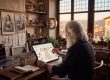 Léonard de Vinci transposé à notre époque, dessinant l'Homme de Vitruve sur une tablette dans son atelier florentin, entouré de ses croquis de la Joconde, de maquettes de machines volantes et d'études anatomiques