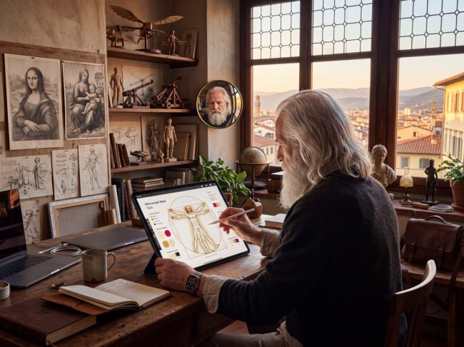 Léonard de Vinci transposé à notre époque, dessinant l'Homme de Vitruve sur une tablette dans son atelier florentin, entouré de ses croquis de la Joconde, de maquettes de machines volantes et d'études anatomiques