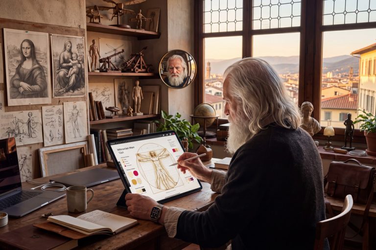 Léonard de Vinci transposé à notre époque, dessinant l'Homme de Vitruve sur une tablette dans son atelier florentin, entouré de ses croquis de la Joconde, de maquettes de machines volantes et d'études anatomiques