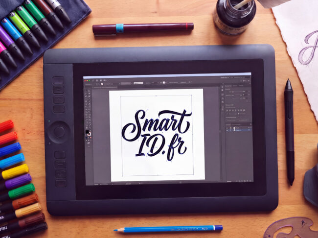 Vue de dessus d'un bureau de graphiste : tablette graphique affichant le lettrage Smart ID, feutres Tria, stylo Rotring, encre de Chine, croquis au crayon et grattoir.