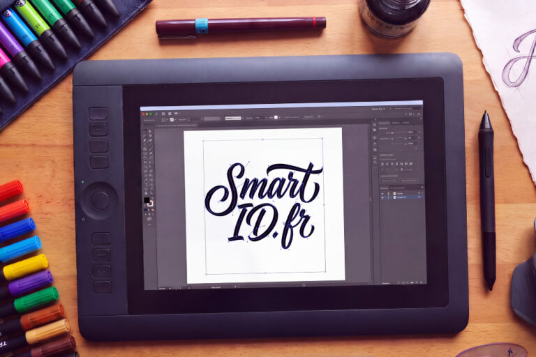 Vue de dessus d'un bureau de graphiste : tablette graphique affichant le lettrage Smart ID, feutres Tria, stylo Rotring, encre de Chine, croquis au crayon et grattoir.