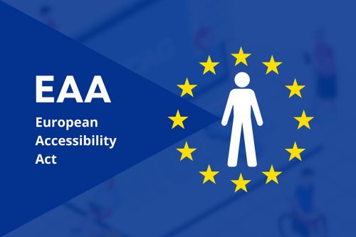 Bannière européenne portant la mention « EAA — European Accessibility Act », avec un pictogramme de personne au centre du cercle d'étoiles