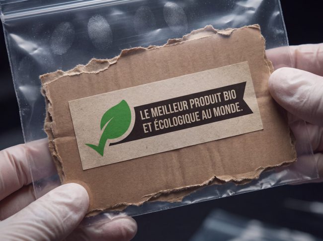 Des mains gantées tiennent un sachet de pièce à conviction contenant un carton marqué « Le meilleur produit bio et écologique au monde », avec une feuille verte.