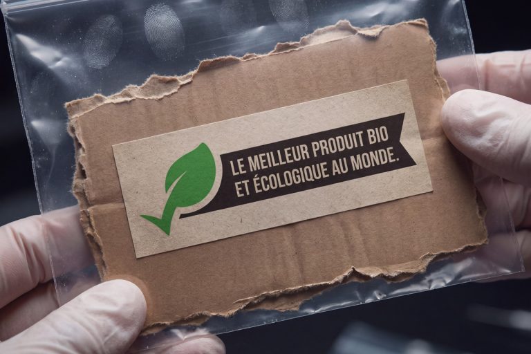 Des mains gantées tiennent un sachet de pièce à conviction contenant un carton marqué « Le meilleur produit bio et écologique au monde », avec une feuille verte.