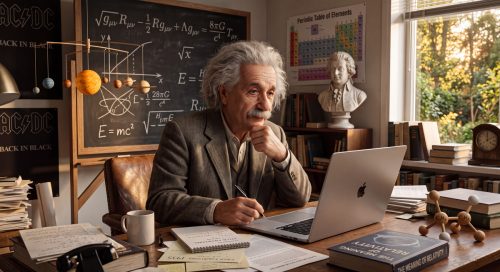 Albert Einstein transposé à notre époque, pensif devant un ordinateur portable dans son bureau, devant un tableau noir couvert d'équations dont E = mc², avec un mobile planétaire suspendu