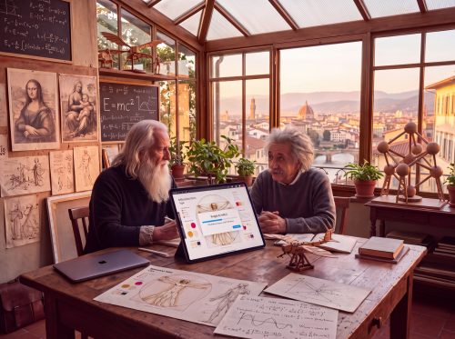 Léonard de Vinci et Albert Einstein transposés à notre époque, assis côte à côte et étudiant ensemble un dossier sur tablette, dans une véranda qui domine Florence, entre croquis de Vinci, équations, fusée et modèle d'atome