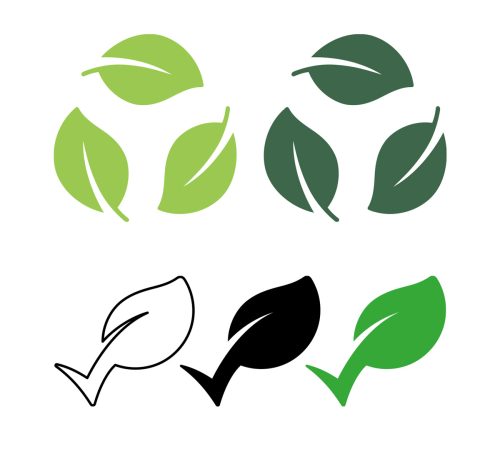 Cinq pictogrammes de feuilles : deux cercles de trois feuilles vertes, et trois feuilles en forme de coche, au trait, en noir et en vert.