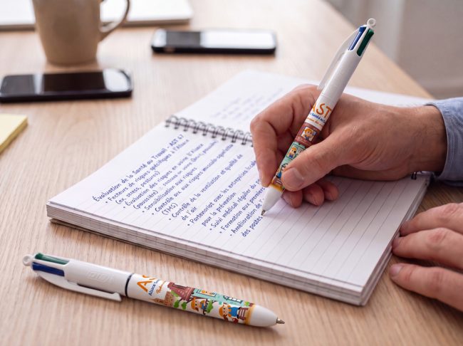 Main écrivant dans un carnet à spirale avec un stylo BIC 4 couleurs illustré aux couleurs d'AST67 ; un second stylo identique est posé sur le bureau.